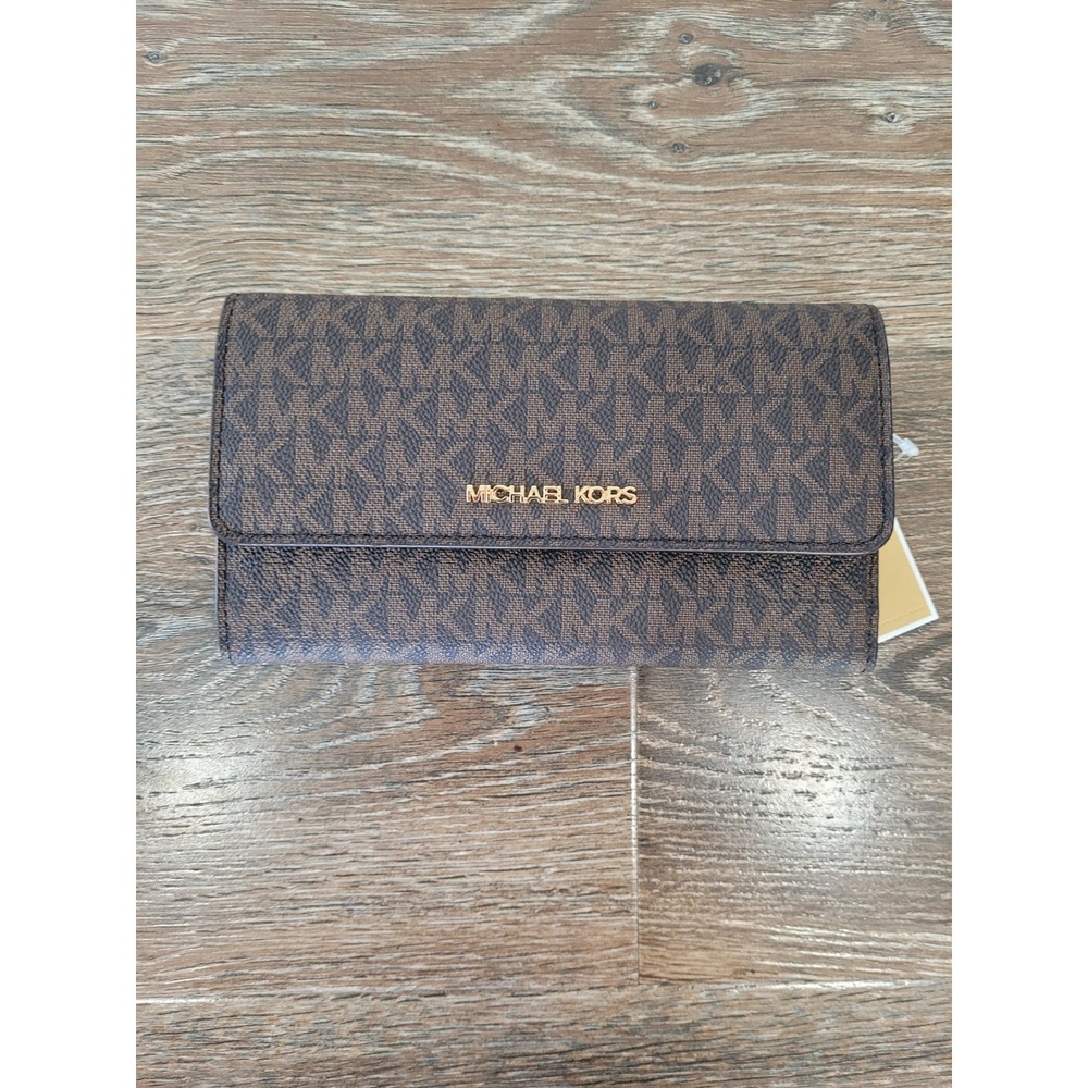 Michael Kors Trifold‎ Jet Set Traveler Wallet Brown Signature Logo Large #7